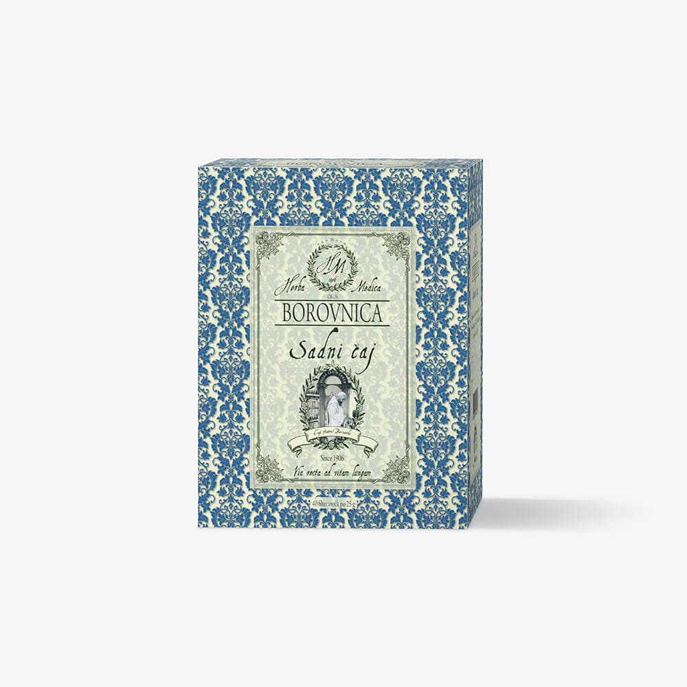 Herba Medica škatla čaja iz borovnic z botaničnim cvetličnim motivom