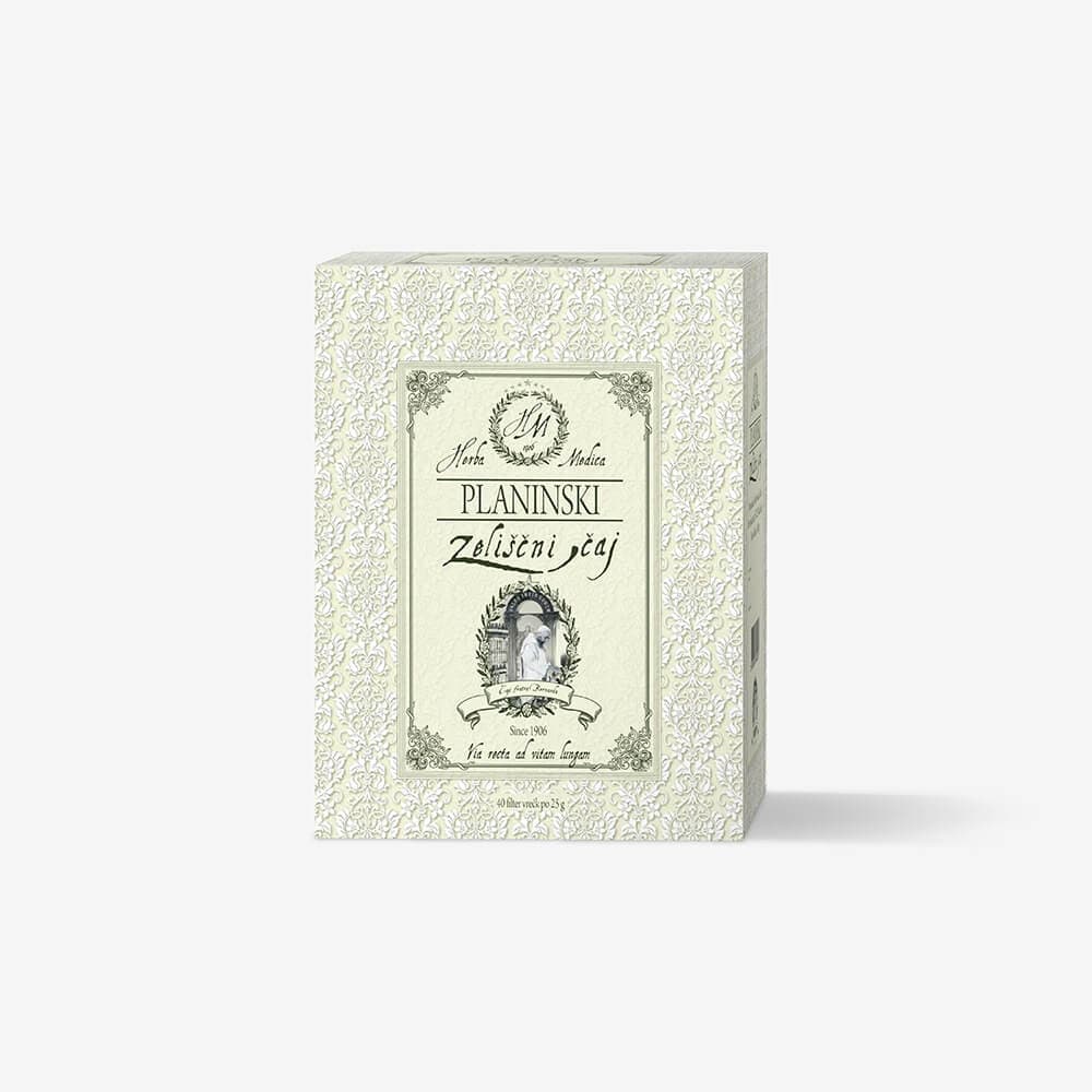 Herba Medica zeliščni gorski čaj v škatli s cvetličnim vintage dizajnom