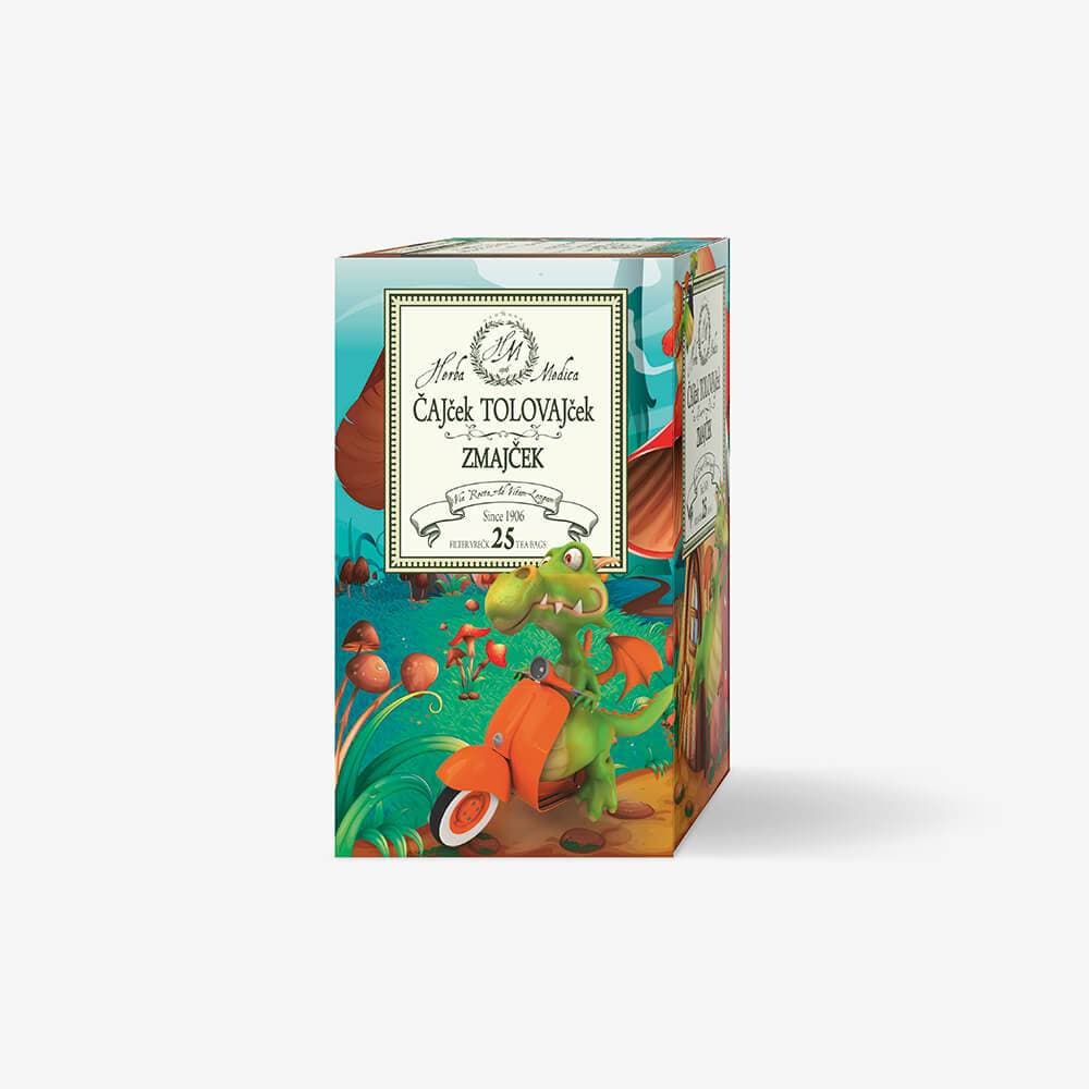 Zeliščni čaj za otroke z likom zmaja in igrivim dizajnom.